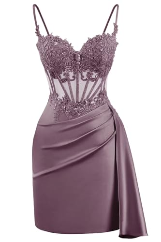 yinyyinhs Wisteria Satin Homecoming Dress for Teens Lace Appliques Short