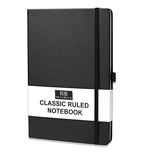 RICCO BELLO Ruled Hardcover Lined Lay Flat Journal Notebook - Vegan Leather, Elastic Closure, Pen Loop, Bookmark, Inner Pocket, 192 Lined Pages, 5.7 x 8.4 inches (Black)