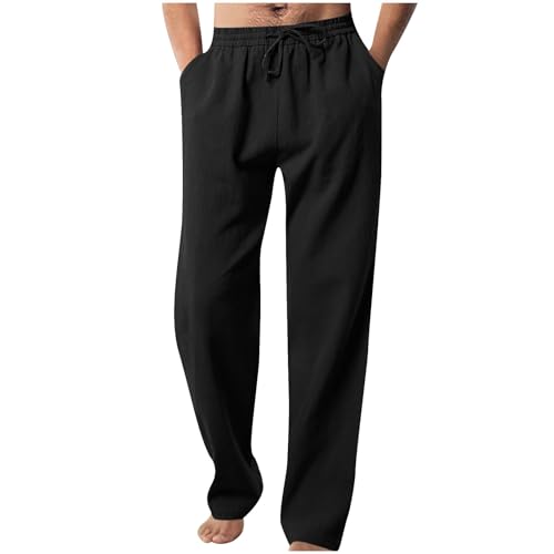 Men Elastic Waist Drawstring Trouser Solid Color Wide Leg Straight Pants Casual Loose Soft Sweatpants with Pocket