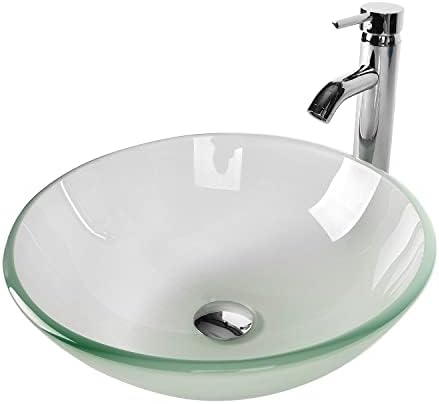 Tempered Glass Vessel Bathroom Vanity Sink Round Bowl with Chrome Faucet Pop-up Drain Combo(Frosted)
