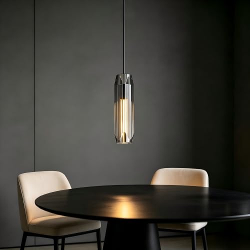 Image of 11.8 inch Modern Pendant Light Fixture with Smoke Gray Crystal Lampshade, Adjustable Hanging Ceiling Pendant Lighting for Kitchen Island Dining Room Bar Counter