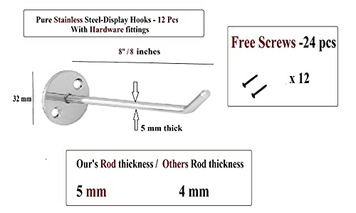 Image of Q1 Beads 12 Pcs 8 inch Inch SS Wall Mount Display Hook Heavy Duty for Mobile Shop /Showroom /Boutique - Hardware Fittings(8 Inches,12 Pcs), Stainless Steel, Steel