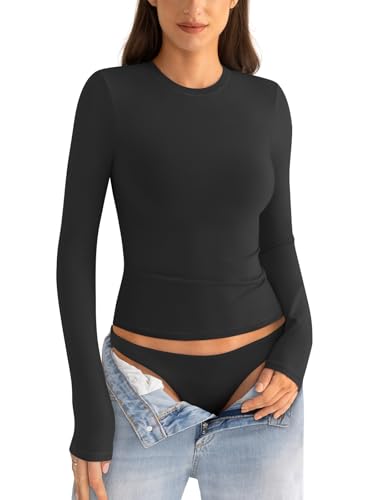 Womens Cotton Long Sleeve Shirts Crew Neck Slim Fit Basic Going Out Crop Outfits for Spring Fall 20253