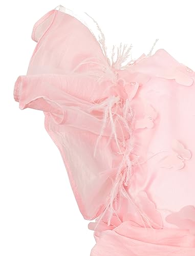Girls Dress Pink Feather Decor Party Dress Ruffle Sleeve Tuller Dresses for Girls Festival4