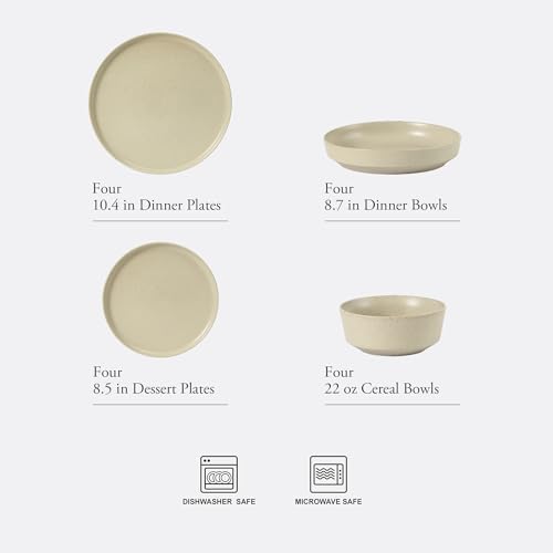 Image of Gibson Elite Overbrook 16-Piece Pottery Clay Stoneware Dinnerware Set - White Reactive Glaze, Stackable Plates and Bowls w /Pasta Bowl, Service for 4 - Microwave & Dishwasher Safe