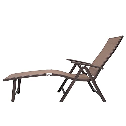 Pellebant Aluminum Patio Chaise Lounge Chair, Adjustable Chair For Outside With 8 Backrest Positions, Brown Frame, Folding Outdoor Recliners All Weather For Beach, Pool And Yard, Brown #TOP3