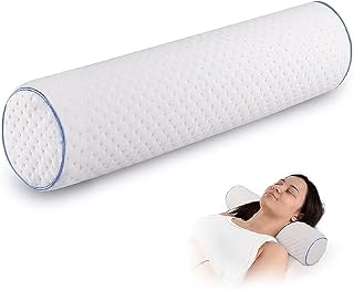 FYB Neck Roll Pillow,Bolster Pillow,Memory Foam Pillows,Support Back Cushion Cervical Relieve Pain Round Core Removable Cover (Sky Blue Edge, 17.7×5.1in45×13CM)