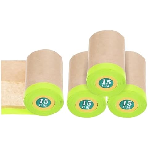 MAQUITA 4 Rolls Pre-Taped Masking Paper for Painting - 6 inch x 50 feet Tape and Drape Painters Paper, Paint Adhesive Protective Paper Roll for Covering Skirting, Frames, Cars and Auto Body Cover