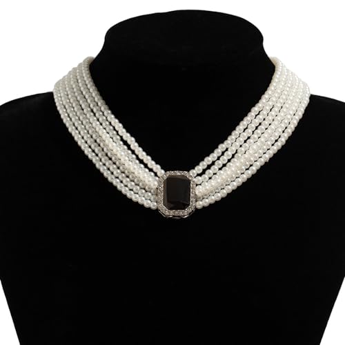Women Boho Multilayer 1920s Rhinestone Necklaces Green Red Dainty Pearls Layered Choker Necklaces Black Fashion Chunky Pendant Adjustable Layering Chain Necklaces for Women3