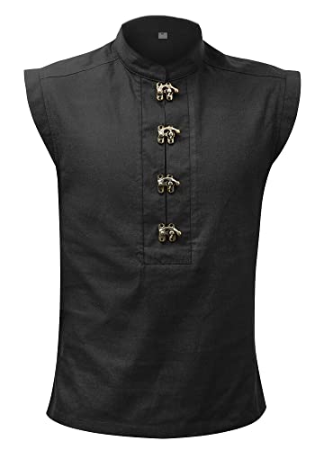 KUOIN Medieval Shirt for Men Linen Pirate Sleeveless Tunic with Retro Button2