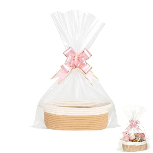 Cesta de apresentação vazia, cesta trançada com saco de presente e fita, cesta de armazenamento para Páscoa, Baby Shower, aniversário, casamento, Natal (caqui)