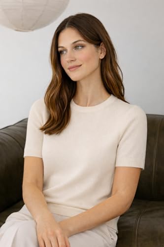 Image of State Cashmere Women's Essential Short Sleeve Crewneck Sweater 100% Pure Cashmere Classic Tee Pullover