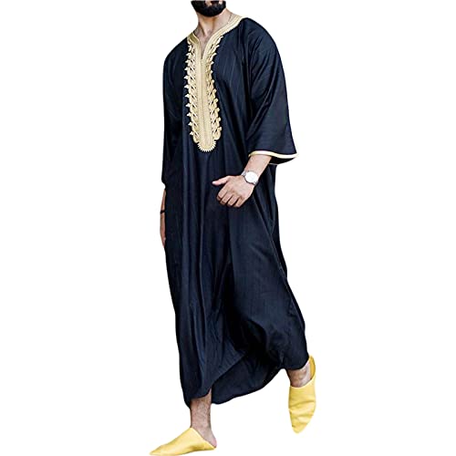 Caftan Musulman Décontracté Ample Longue Maxi pour Hommes, Chemise de Robe Vintage à Manches 3/4 Col en V pour Le Moyen-Orient Islamique de Grande Taille (Bleu, 4XL) Cover