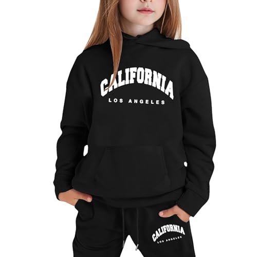 Catálogo de Chándales para Niña los 10 mejores. 48 Conjunto de sudadera con capucha y pantalones de chándal para adolescentes y niñas, de manga larga con estampado de ciudad de 2 piezas a juego, 08-negro, 2-3T