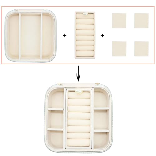Cuifdem Travel Jewelry Organizer Small Jewelry Box With Mirror, Velvet Jewelry Travel Case for Women, Mini Jewelry Box for Girls Necklace Ring Earrings (Beige) - image 3