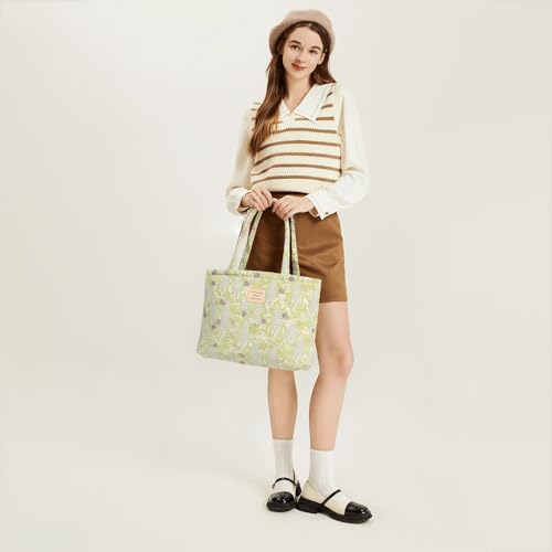 Image of Floral Quilted Cotton Shoulder Bag for Women Medium Size Handbag Large Capacity Thickened Design Tote
