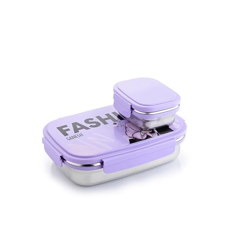 Image of Ganesh 900 Elite Stainless Steel Tiffin Box Set | 600ml Main Box + 125ml Container | Compact & Leak Resistant | Food Grade Stainless Steel Tiffin with Lid | Color May Vary