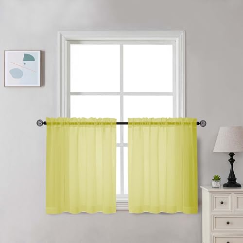 Image of Chyhomenyc Lemon Sheer Curtains 30 inch Length 2 Panels, Light Filtering Voile Rod Pocket Short Window Curtians for Bathroom Living Room Farmhouse Small Windows, 42Wx30L inches