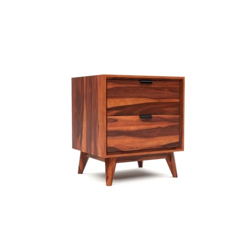 Image of Sheesham Wooden Bedside End Table for Living Room and Home | Solid Wood Bed Side NightStand Table for Bedroom | Wooden Bedside Table with 2 Drawer Storage in Honey Finish