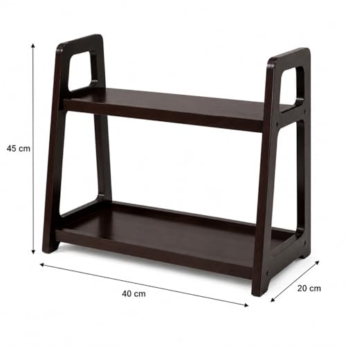 Image of 2 Tier Wooden Kitchen Organizer Rack for Countertop | Spice Jar Storage Shelf | Countertop Kitchen Rack 45x20x40 cm Brown | Wooden Storage Stand for Home and Kitchen