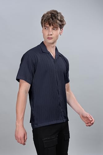 Image of SWADESI STUFF Men's Relaxed Fit Striped Short Sleeve Button-Down Casual Shirt