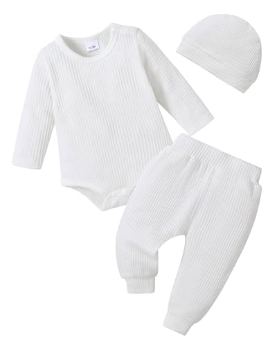 YALLET Baby Boy Clothes Newborn Infant Boy Outfits 3PCS Letter Print/Solid Color Rompe Pants Hat Fall Winter Clothing 0-18M