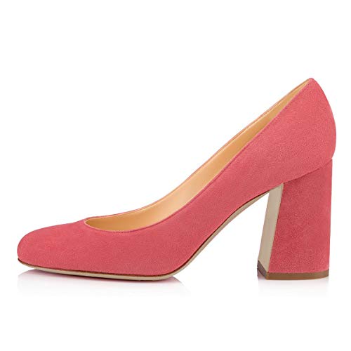 YDN Women Classic Round Closed Toe Pumps Pumps Slip on Chunky Block High Heel Slide Suede Patry Office Comfy Ladies Dress Shoes4