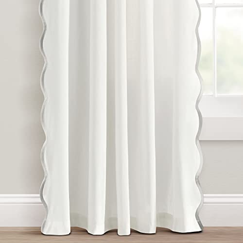 Image of Lush Decor Coastal Chic Scalloped Edge Light Filtering Window Curtain Panels Pair, 52 inch W x 84 inch L, Gray & White - White Curtains for Living Room - Coastal Decor