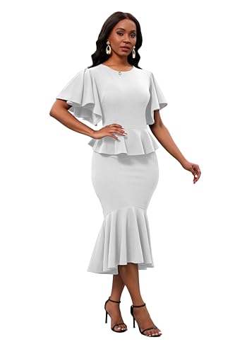 Image of Womens Summer Ruffle Short Sleeve Fishtail Dress Evening Cocktail Formal Peplum Midi Mermaid Dresses Elegant