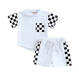 Toddler Baby Boy Summer Clothes Checkerboard Plaid Short Sleeve T-Shirt Elastic Waist Shorts Set 2PCS Checkered Outfit (A-White, 12-18 Months)