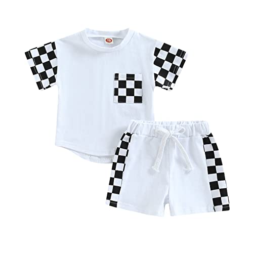 Image of Toddler Baby Boy Summer Outfit Patchwork Plaid Stripe Short Sleeve T Shirt Tops and Shorts Infant Boy Clothes