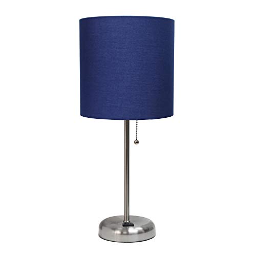 Simple Designs LT2024-NAV-2PK Two Pack Brushed Steel Stick Table Desk Lamp Set with Charging Outlet and Drum Fabric Shade for Living Room, Hallway, Nightstand, Office, Navy Blue Shade