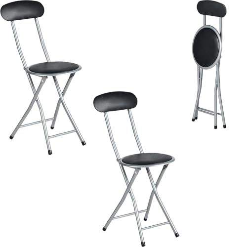 ZZINOKE Klapphocker 2er-Set, hocker mit Lehne, Keine Montage Erforderlich,Gepolsterter Stuhl,Sitzhöhe: 44 cm, Geeignet Für Küche, Bistro, Garten, Veranstaltungen im Freien (Schwarz und Silber)