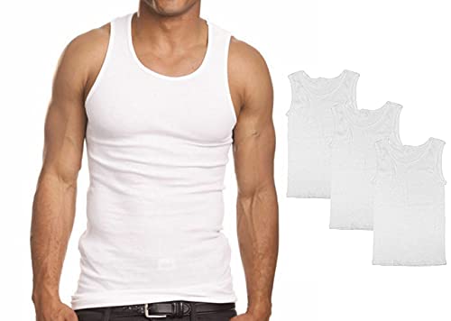 Goyoma 3 Packs Mens 100% Cotton Tank Top White/Black Wife Beater A-Shirt Undershirt (S, White)
