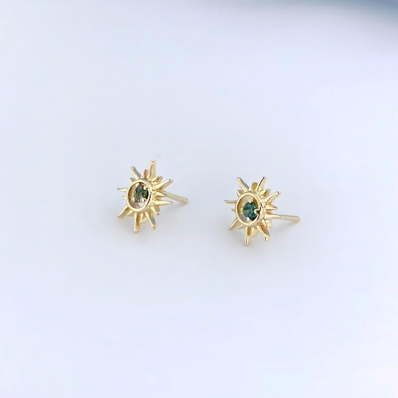 Sun Stud Earrings, 3 MM Stone Moss Agate Stud Earrings, Push Back Stud Earrings, Dainty Round Stud, Sterling Silver Stud, Anniversary engagement Gift for Mother