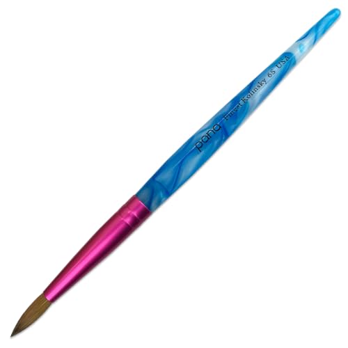 PANA Pure Kolinsky Hair Acrylic Nail Brush - Round Shape Pink Ferrule with White Swirl Blue Handle (Size 6) - Nail Brush for Acrylic Nail Application Nail Extension Manicure Pedicure Salon Beginner
