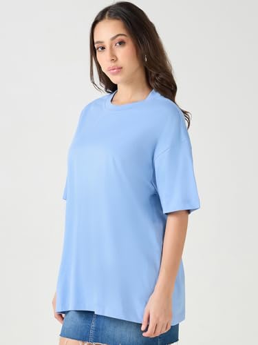 Image of Bewakoof Women's Solid Oversized Fit Half Sleeve Round Neck Cotton Jersey T-Shirt
