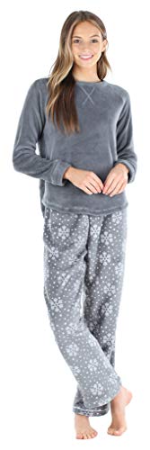 PajamaMania Women's Fleece Long Sleeve Pajama PJ Set, Snowflake Solid Top, XS