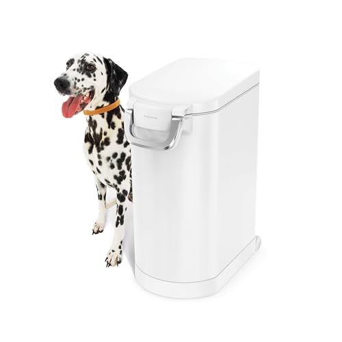 Image of simplehuman Large Pet Food Storage Container, Holds 30-35 lb / 14-16 kg of Dry Dog Food, Cat Food, or Bird Seed, Airtight Lock-Tight Lid with Magnetic Scoop, BPA-Free, White Steel