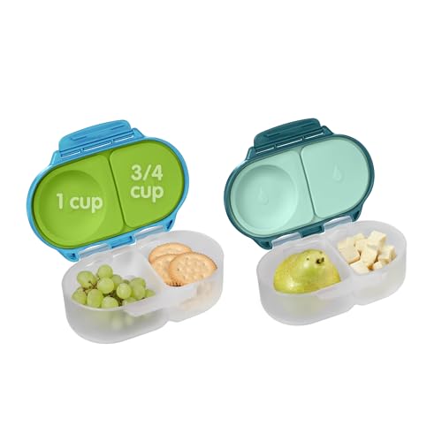 Image of b.box Snack Box 2-Pack - Leak Proof Mini Bento Box for Kids & Toddlers, 2 Compartment Snack Containers, Dishwasher Safe, BPA-Free, PFAS-Free, Ages 4mo+, 1 3/4 Cup Each (Ocean Breeze + Emerald Forest)
