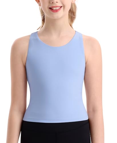 Image of DOCUMO Girls Tank Tops Double Lined Racerback Crop Tops for Kids Sleeveless Workout Tops for Dance, Yoga, Running, Sports