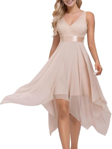 Ever-Pretty Women's Spring V Neck Lace Chiffon A Line Prom Dresses Semi Formal Cocktail Wedding Guest Dress Blush08