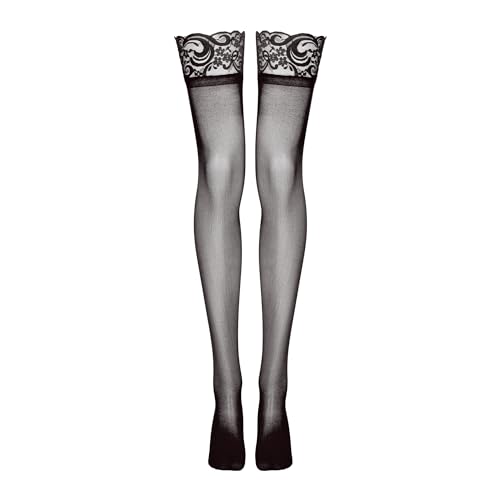 Lovehoney Lingerie Women's Black Sheer Hold Up Stockings - Floral Lace Tops & Silicone Strips - Regular to Plus Size - Main Image