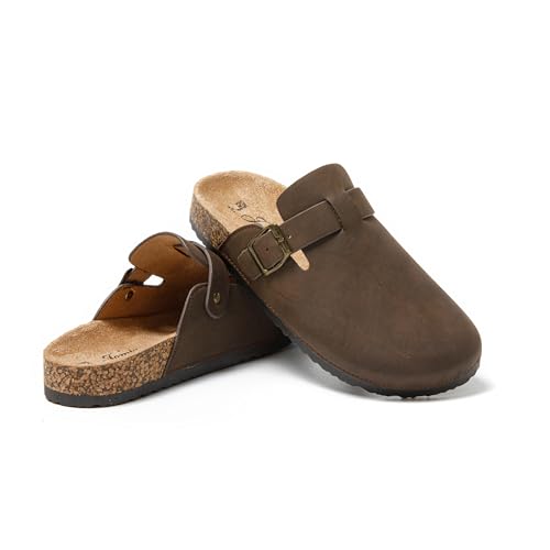 JOMIX Zapatillas Casa Mujer Zuecos Piel con Hebilla Pantuflas Cerradas con Plantilla Ortopédica Zapatillas Mujer Casa Comodas Invierno MD9516-9, Marrón, 38 EU