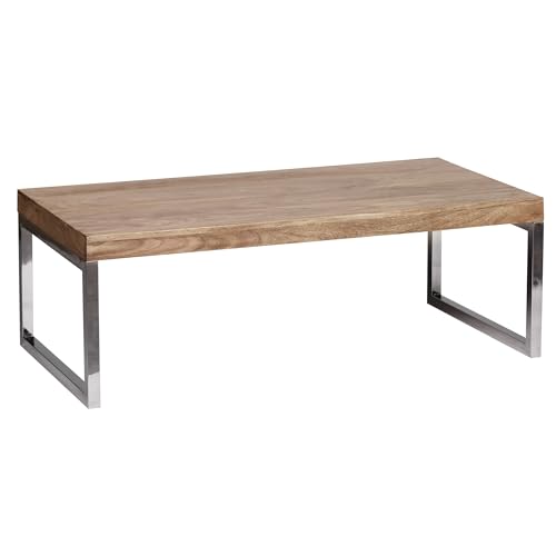 FineBuy Table basse en bois d'acacia massif 120 x 60 x 40 cm – Table de salon rectangulaire avec structure à patins chromées – Fabriquée à la main...