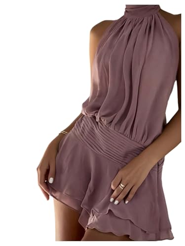 Floerns Women's Summer Mini Dress Sleeveless Halter Backless Ruched Date Night Layered A Line Dresses