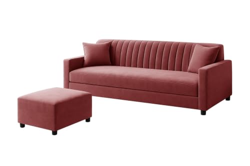 Image of Modern Three Seater Wooden Sofa Set with Ottoman, Soft Velvet Upholstery, Comfortable Couch for Living Room, Office & Apartment - Rose Pink Color