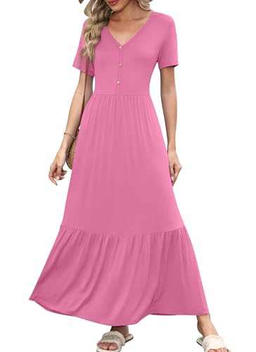 Image of VIISHOW Women's Short Sleeve Maxi Dress 2026 Summer V Neck Knit Loose Plain Empire Waist Casual Dresses with Pockets