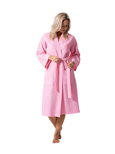 Turkish Linen Waffle Knit Lightweight Kimono Spa & Bath Robes For Women - Quick Dry - Soft (Pink, Large) #TOP2