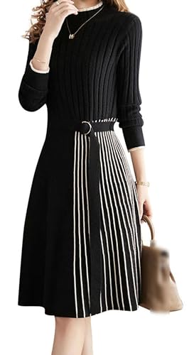 LAI MENG FIVE CATS Women's Elegant Long Sleeve Stripe Sweater Ribbed Knit Pullover Fall Midi Dress